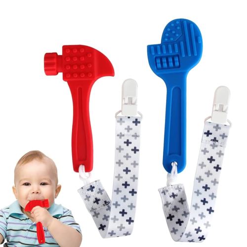 Fu Store 2 Pack Soft Silicone Teething Toys for 0-12 Months 6-24 Months Toddlers Infant Hammer Spanner Tools Shape Baby Teethers Relief Soothe Babies Gums Set