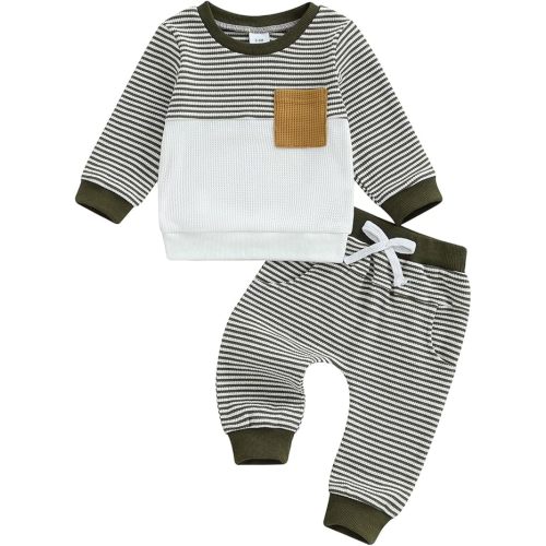 ZAXARRA Baby Boy Fall Clothes Long Sleeve Toddler Boy Waffle Sweatshirt Pullover Tops Pants Infant Fall Winter Outfits