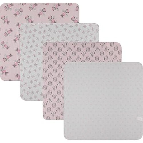 Disney Baby 4-Pack Receiving Blankets — 100% Cotton Flannel, 28" x 28" — Available in Mickey, Minnie, Pooh, Stitch or Angel — Soft Swaddle, Burp & Stroller Blankets — Gift-Ready with Ribbon Bow