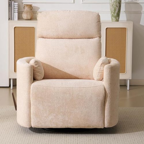 Oversized Swivel Rocker Recliner Chair with Heat and Massage, Rocking Chair Nursery with Adjustable Headrest, Manual Recliner Chair, Glider Recliner Nursery Chair with 2 Pillows, Chenille White
