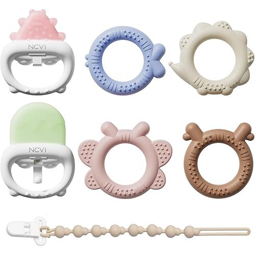 NCVI Freezable Baby Silicone Teething and 5 Pack Silicone Teething Rings