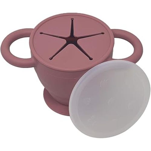 BraveJusticeKidsCo | Snack Attack II Snack Cup | Collapsible Silicone Snack Container | Toddler and Baby Snack Catcher Lid (Dusty Rose)