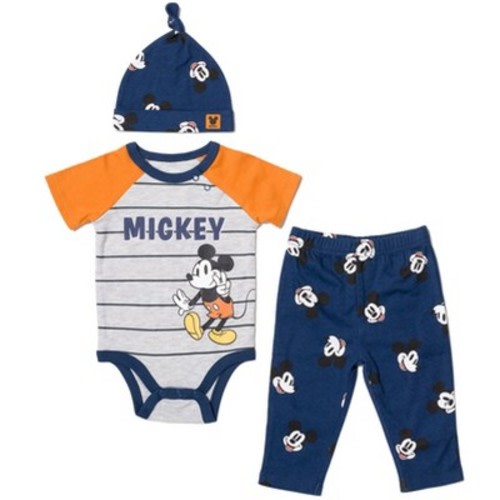 Disney Pixar Monsters Inc. Mike Mickey Mouse Baby Bodysuit Pants and Hat 3 Piece Outfit Set Newborn to Infant, Color: Navy / grey / orange, Size: 12 months