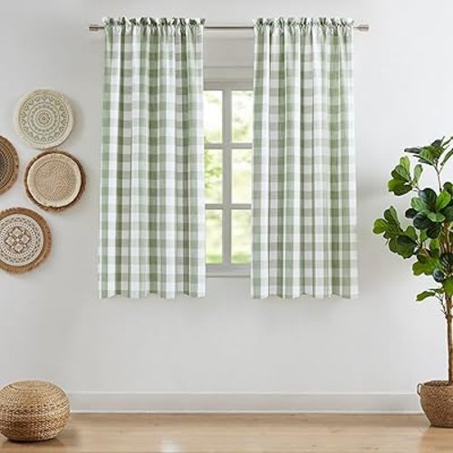 Short 63 Inch Sage Green White Buffalo Plaid Semi Sheer Curtains