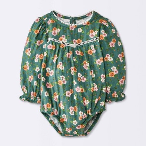 Baby Girls' Long Sleeve Floral Trim Romper - Cloud Island™ Green 3-6M