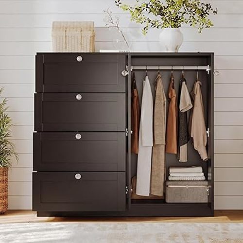 VOWNER Armoire Wardrobe Closet with 4 Drawers and 2 Doors, 43''H Clothing Storage Cabinet Dresser with Hanging Rod, Cothes Wardrobe for Bedroom, Baby Closet, Black