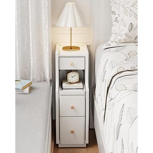 Narrow Nightstand with 3 Drawers,Solid Wood Narrow Bedside Table White, Modern Skinny Nightstand for Bedroom(Fully Assembly)