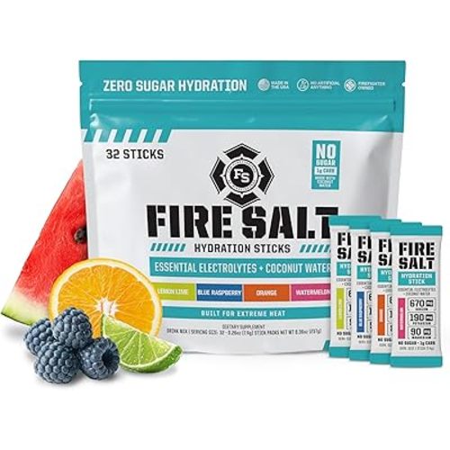 Fire Science Fire Salt Hydration Sticks, Electrolytes & Coconut Water, Hydration Drink Mix with Magnesium, Potassium & Sodium, Zero Sugar, Single Serve On The Go Packs, Variety Pack Flavors, 32 Count