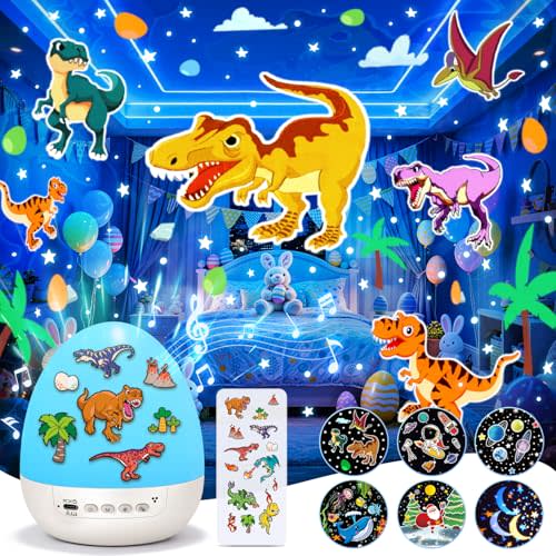 Dinosaur Egg Light for Nursery Sound Machine | 15 Sleeping Sounds+12HD Films+360°Rotating | Dnio Gifts for Kids Primal Hatch Dinosaur Egg Night Light for Nursery Boy Toys Hatch Sound Machine Lights