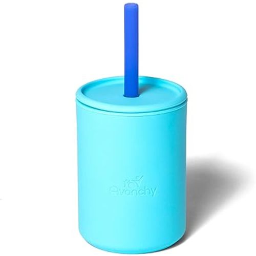 Avanchy Silicone Training Sippy Cup with Straw Lid – Tiny Cup for Babies 6+ Months to Toddlers 1 Year Old – 5 oz Infant Water Cup for Baby Led Weaning, Blue