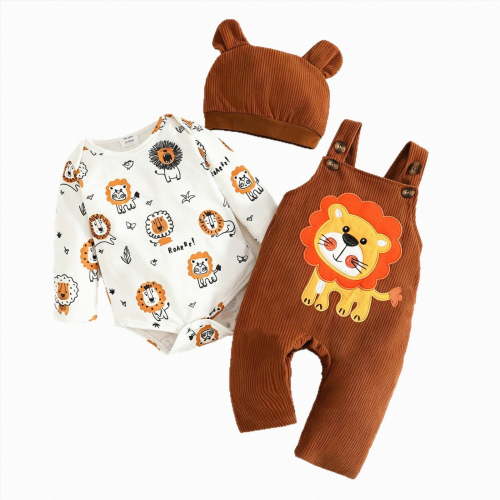 Gerichy Baby Boy Clothes Long Sleeve Cute Cartoon Romper + Overalls Pants + Hat Suspender for Boys 3Pcs 0-18 Months
