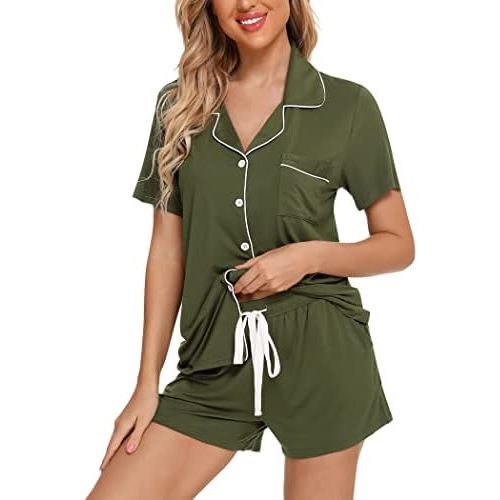 Pjmlifecoco Women's Modal Pajama Set Short Sleeve Button Down Two Piece Soft Sleepwear with Shorts Loungewear S-XXL