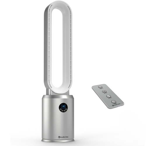Comfort Zone 40" Bladeless Tower Fan with Remote Control, 9H Timer, Silver