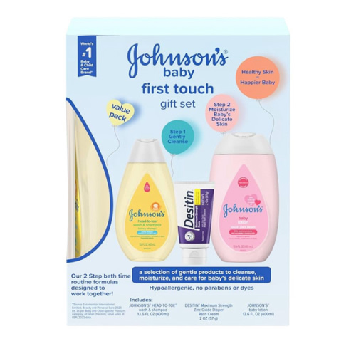 Johnson's First Touch Baby Gift Set, Baby Bath, Skin & Hair Essential Products, Kit for New Parents with Wash & Shampoo, Lotion, & Diaper Rash Cream, Hypoallergenic & Paraben-Free, 4 items