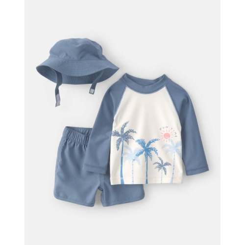 Baby Boy 3-Piece Palm Tree Long-Sleeve Rashguard Swimsuit Set - Blue/White | Carter's