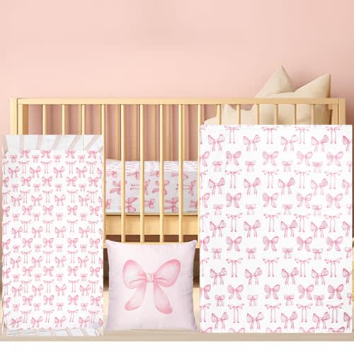 HunnmingRe Baby Pink Bow Crib Bedding Set 3 Pcs Crib Set Baby Blanket, Fitted Sheet, Pillowcase Soft Flannel Nursery Bedding for Standard Infant Bed and Toddler Mattress Newborns Gifts
