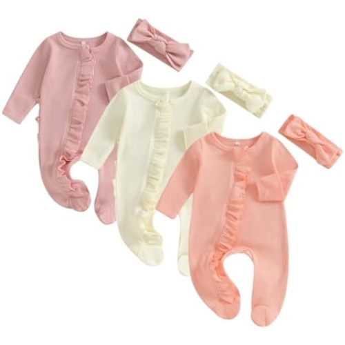Merqwadd Baby Girl Zipper Pajama Footies 3 Pack Ruffle Sleeper Coming Home Infant Cotton Clothes