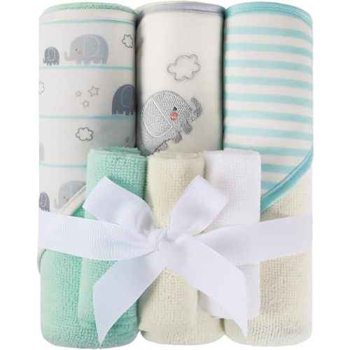 Softan Baby Hooded Towels and Washcloths Set 6 Pack, 28x28 Ultra Soft & Absorbent Baby Bath Towels for Newborn Infant Toddler, Unisex Boys Girls (Green Elephant)