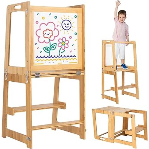 Toddler Tower - Toddler Stool for Kitchen - 3-in-1 Toddler Kitchen Step Stool - Foldable Toddler Tower Features: Tabletop, Step Stool Ladder, and Whiteboard with Included Markers and Dry Eraser