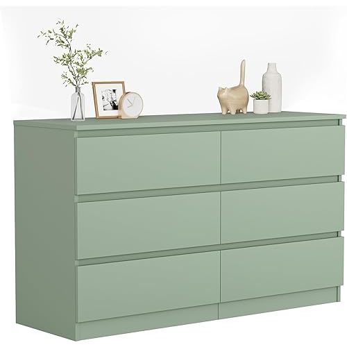 Dresser for Bedroom,48'' Modern 6 Drawer Dresser with Deep Drawer,Wide Storage Chest of Drawer,Wood Bedroom Storage Organizer Furniture for Living Room,Hallway,Closet (Green)