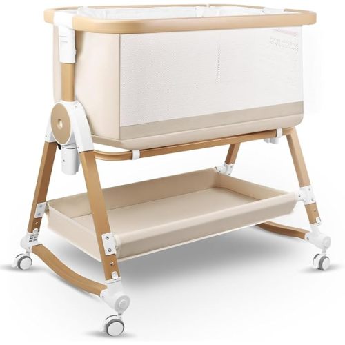 4 in 1 Baby Bassinet, Bassinets Bedside Sleeper with Wheels and Storage Basket, Adjustable 7 Heights Bedside Sleeper with Mosquito Net, Breathable Mesh Rocking Bassinet for Baby | movable, big storage basket, big mesh sides