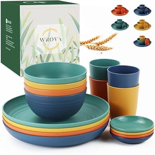 Wheat straw plates and bowls sets of 16 - Unbreakable wheat straw dinnerware sets for kids - Alternative plastic dinnerware set service for 4 - Microwave safe and Dishwasher safe bowls. Colorful