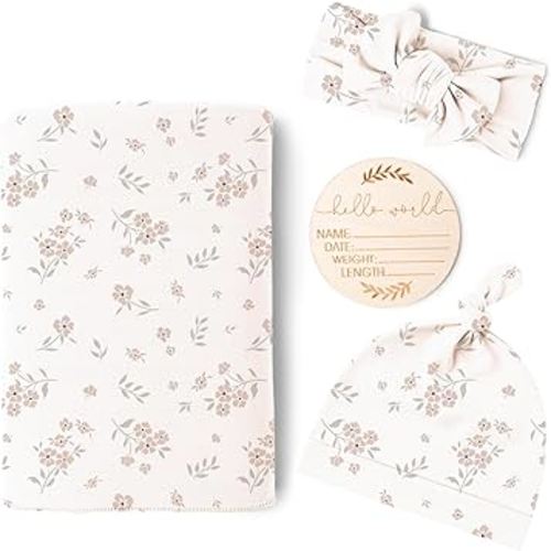 Konssy Baby Girl Newborn Receiving Blanket with Matching Headband and Beanie Set Baby Swaddle Nursery Swaddle Wrap