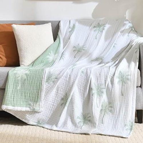 100% Cotton Muslin Throw Blanket King 104"x92", Vintage Indoor and Outdoor Use, Reversible and Breathable Fabric for Yard Picnics, Bedding or Chair Cover, Green