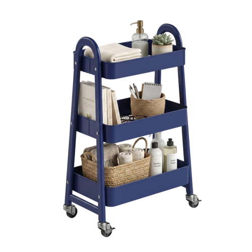 Gianna Utility Cart, Metal, 3‑Tier, Lockable Caster Wheels , 360° Rolling, Blue