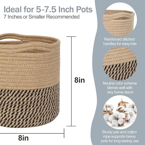 MEGASKET Woven Jute Plant Basket, Wicker Basket Planter up to 7" Pot, Round Indoor Tree Pot Cover, Small Boho Planter, Decorative Bins for Plants and Home Decor, 8”x8”x8, Black Stripes