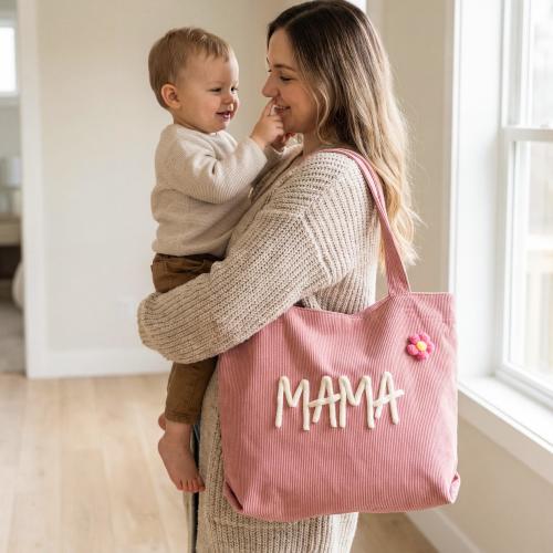 Personalized MAMA Tote Bag, First Mothers Day Gift for Wife, Aesthetic Diaper Bag, Boy Mom Gift, In My Mom Era Corduroy Purse, Floral Icon