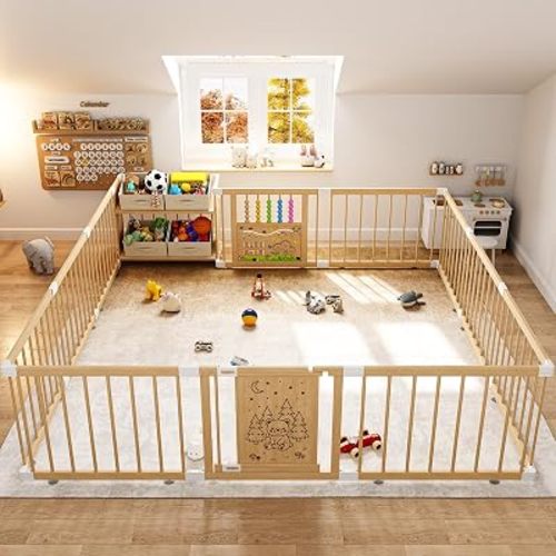 Large Wooden Baby Storage Playpen 11+3 Panels 70.91”×70.91”