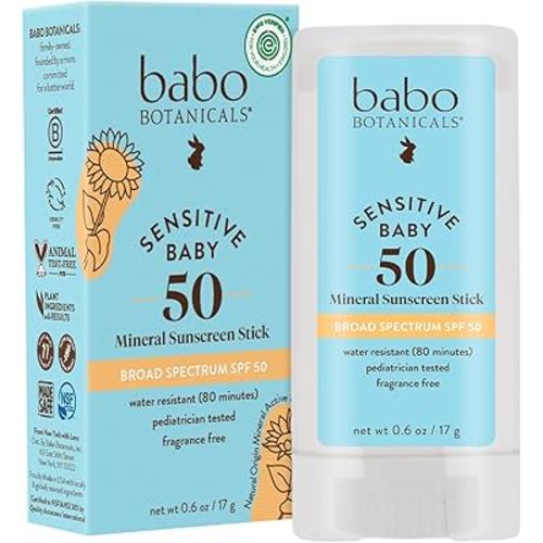 Babo Botanicals Sensitive Baby Mineral Sunscreen Stick SPF 50-70% Organic Ingredients - Zinc Oxide - NSF & Made Safe Certified - EWG Verified - Water Resistant - Fragrance-Free - for Babies & Kids