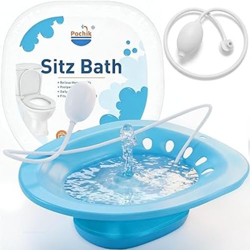 Pochik Sitz Bath for Toilet Seat Postpartum Care, Perineal Soaking, Collapsible, Flusher Hose, Drain Holes, Wider Seating Area - Navy