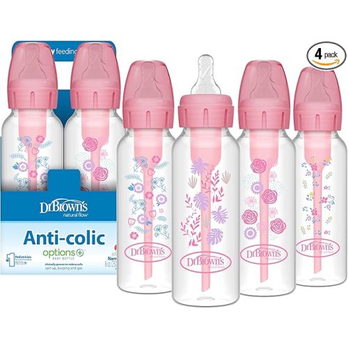 Dr. Brown's Natural Flow Anti-Colic Options+ Narrow Baby Bottle, Pink Floral, 8 oz/250 mL, with Level 1 Slow Flow Nipples, 0m+, 4 Bottles, 4 Units (Pack of 1)