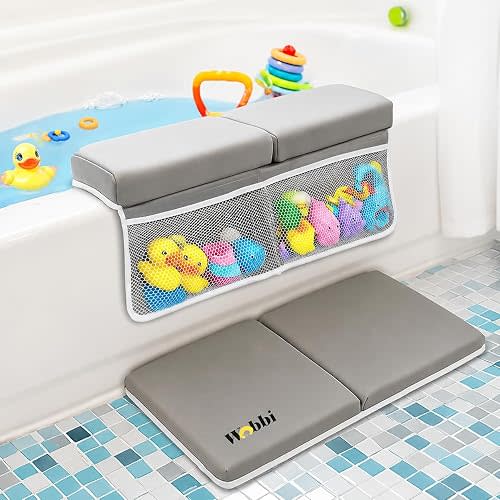 Wobbi Comfortable Bath Kneeler and Elbow Rest Pad Set | 6 Suction Cups for Slip-Resistant Stability | 1.5" Thick Memory Foam Bath Kneeling Pad with 4 Storage Pockets (Grey)