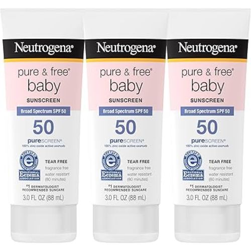 Neutrogena Pure & Free Baby Mineral Sunscreen Lotion with Broad Spectrum SPF 50 & Zinc Oxide, Water-Resistant, Hypoallergenic & Tear-Free Baby Sunscreen, 3 fl. oz, 3 pk