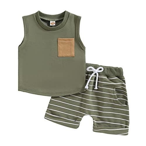 Karesoull Summer Toddler Baby Boy Girl Clothes Set Unisex Waffle Outfits Solid Short Sleeve Pocket Tops Shorts 2PCS