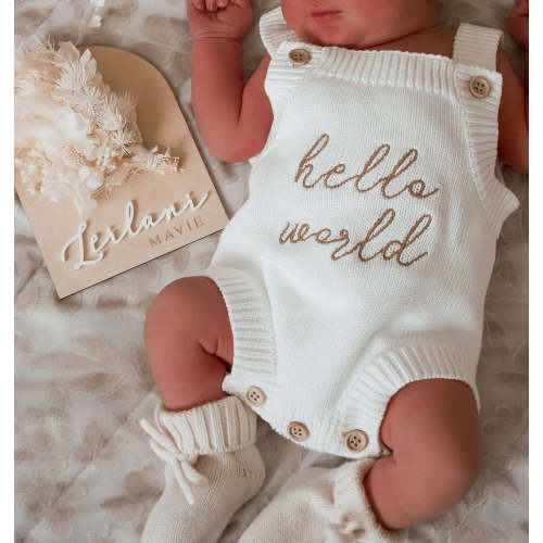 'Hello World' Singlet Knit Romper - Milk