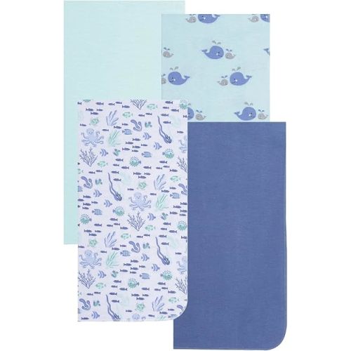 EVERYDAY KIDS 4 Pack of Soft Flannel Receiving Baby Blanket Set for Boys; Blue Baby Swaddle Blankets for Newborn Baby Boy Nursery with Ocean Animals, Fish, Octopus, Whales, Turtles, Coral Prints