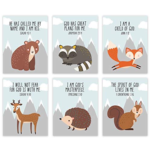 Andaz Press Christian Bible Verses Quotes Nursery Kids Room Unframed Hanging Wall Art Poster Home Decor, 8.5x11-inch, Woodland Animals, Mountain Theme, Fox, Deer, 6-Pack, No Frames
