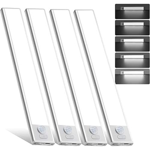 4 Pack Under Cabinet Lighting, Rechargeable Motion Sensor Light Indoor, Wireless Dimmable Magnetic Closet Lights, 32 LED Under Counter Lights for Kitchen, Wardrobe, Stairs, White Light