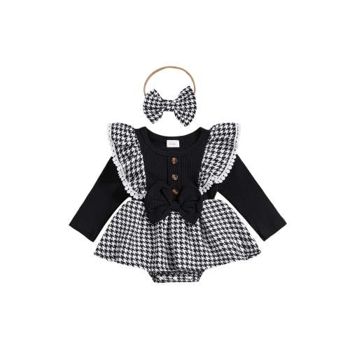 Txlixc Baby Girl Fall Outfit Houndstooth Long Sleeve Ribbed Romper Dress + Bow Headband 2 Piece Set