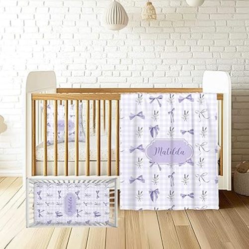 Personalized Purple Bow Baby Crib Bedding Set – Custom Name 3 Piece Nursery Set for Baby Girls, Soft Blanket, Fitted Crib Sheet & Pillowcase – Customized Infant & Toddler Nursery Gift