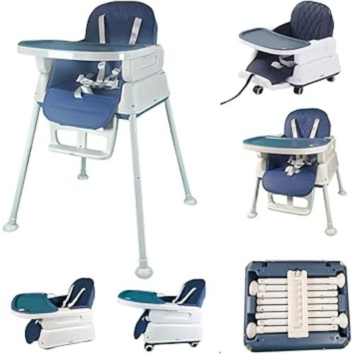 Popup closed 7-in-1 Fully Convertible Baby High Chair – Newborn to Toddler Booster, Foldable & Portable, Easy-Clean Washable Cushion, Removable Tray, 5-Point Safety Harness – Grows with Your Child (Kakhi)