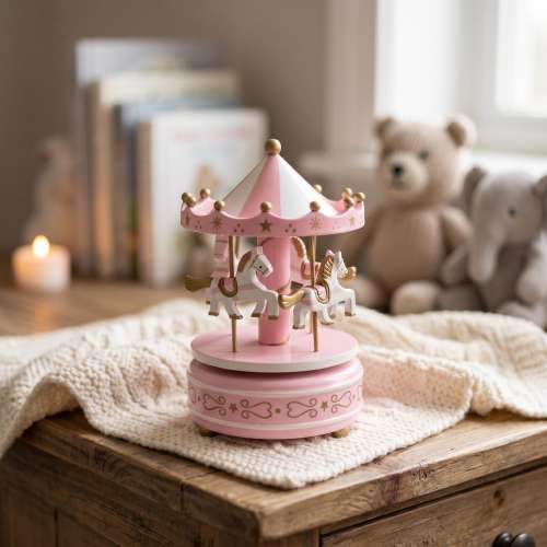 Pink Carousel Music Box Baby Girl Nursery Shower Gift Wooden Decor