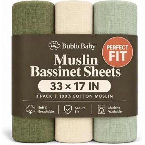 Muslin Bassinet Sheets 3 Pack, 33x17x4 Fitted Sheet for Newborn Boys & Girls, Soft Breathable 100% Cotton, Universal Fit for Halo BassiNest, Baby Delight, Graco, Oval & Rectangle Mattress