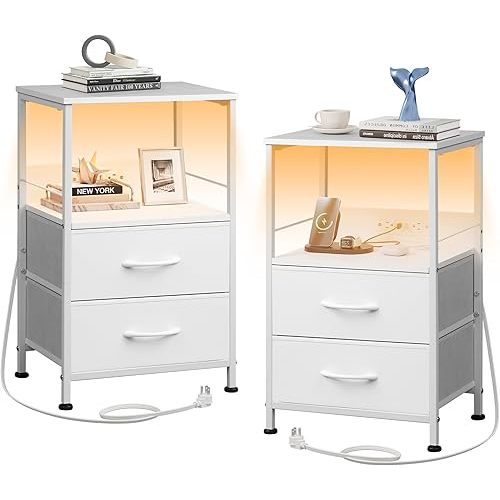 WLIVE White Night Stand Set of 2 with Charger Station, LED Nightstand with 2 Fabric Drawers and Storage Shelf, Bedside Tables with 3 USB Ports and 2 Outlets, Small Dresser for Bedroom,Small Space
