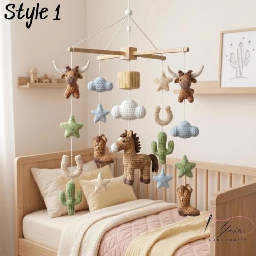 Crochet Western Baby Mobile, Horse Longhorn Cactus Crib Decor, Cowboy Nursery Hanging