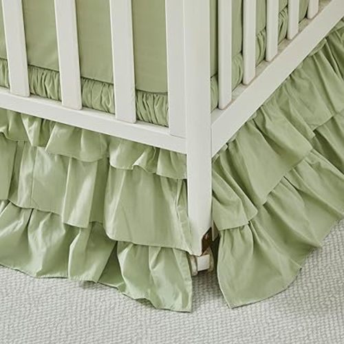 Brandream Crib Skirt Triple Layer Cotton Nursery Bed Skirt for Baby Girls Boys Toddler Bedskirt Solid Color Light Green Dust Ruffle Gender Neutral Farmhouse Chic Boho Bohemian Skirt